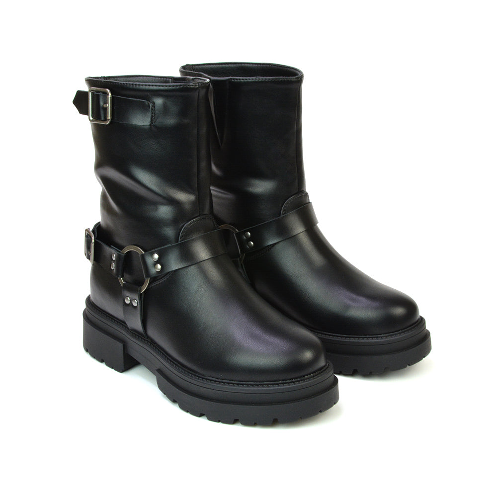 Caleb Chunky Flat Buckle Biker Ankle Boots in Black Synthetic Leather