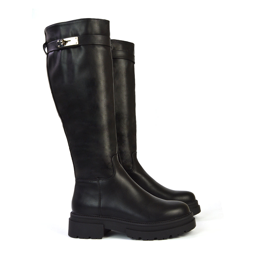 Pose Chunky Sole Buckle Knee High Biker Boots in Black Synthetic Leather