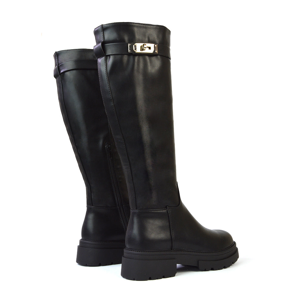 Pose Chunky Sole Buckle Knee High Biker Boots in Black Synthetic Leather