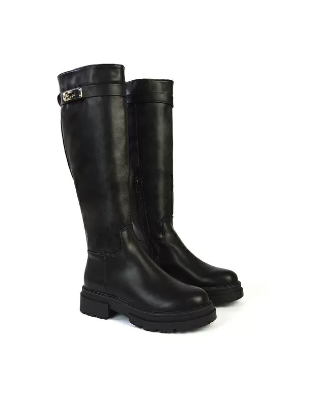 Pose Chunky Sole Buckle Knee High Biker Boots in Black Synthetic Leather