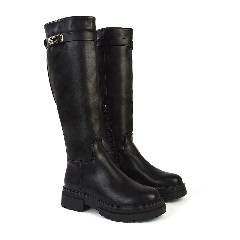 Pose Chunky Sole Buckle Knee High Biker Boots in Black Synthetic Leather