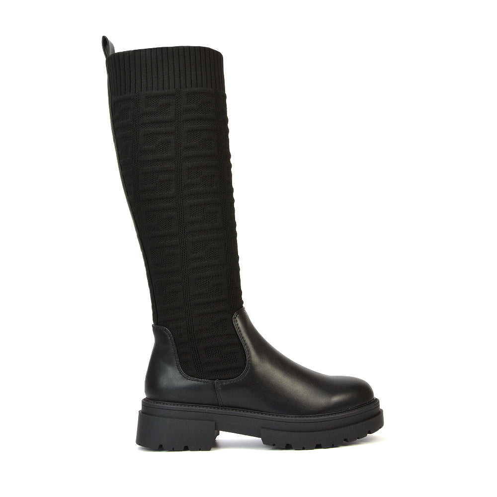 Maylee Chunky Sole Knitted Knee High Sock Biker Boots in Black