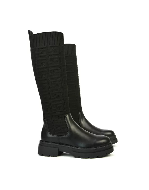 Maylee Chunky Sole Knitted Knee High Sock Biker Boots in Black