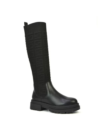 Maylee Chunky Sole Knitted Knee High Sock Biker Boots in Black