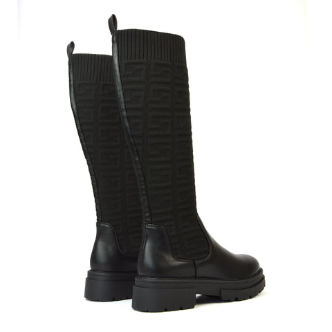 Maylee Chunky Sole Knitted Knee High Sock Biker Boots in Black