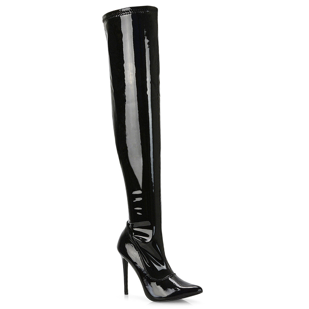 PIPER OVER THE KNEE ZIP UP THIGH HIGH STILETTO HEELED BOOTS IN WHITE SYNTHETIC LEATHER