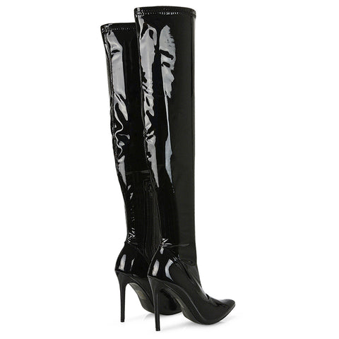 PIPER OVER THE KNEE ZIP UP THIGH HIGH STILETTO HEELED BOOTS IN WHITE SYNTHETIC LEATHER