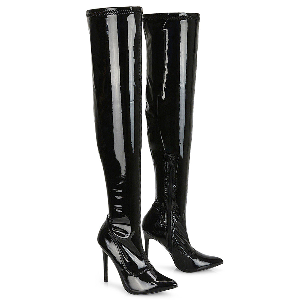 PIPER OVER THE KNEE ZIP UP THIGH HIGH STILETTO HEELED BOOTS IN WHITE SYNTHETIC LEATHER