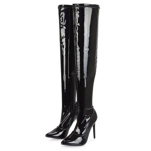 PIPER OVER THE KNEE ZIP UP THIGH HIGH STILETTO HEELED BOOTS IN WHITE SYNTHETIC LEATHER