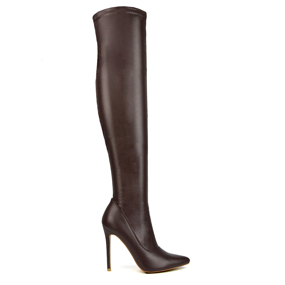 PIPER OVER THE KNEE ZIP UP THIGH HIGH STILETTO HEELED BOOTS IN BROWN SYNTHETIC LEATHER