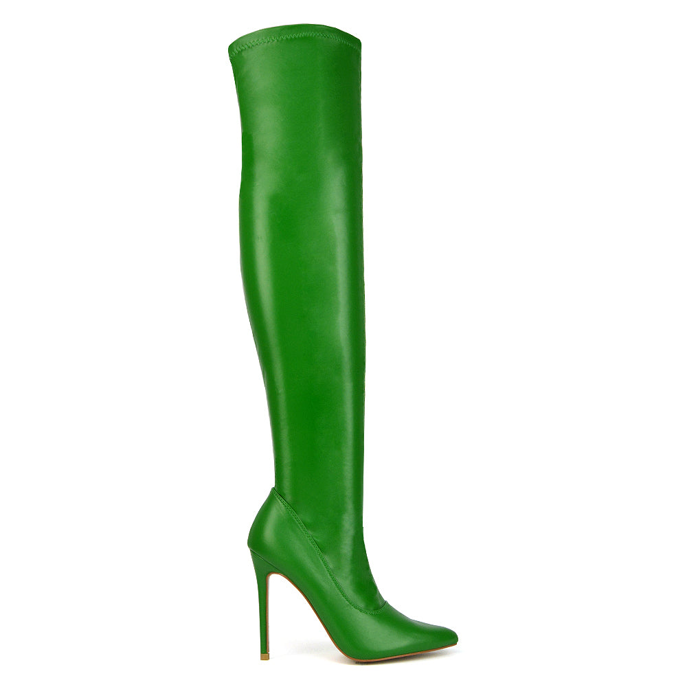 PIPER OVER THE KNEE ZIP UP THIGH HIGH STILETTO HEELED BOOTS IN GREEN SYNTHETIC LEATHER