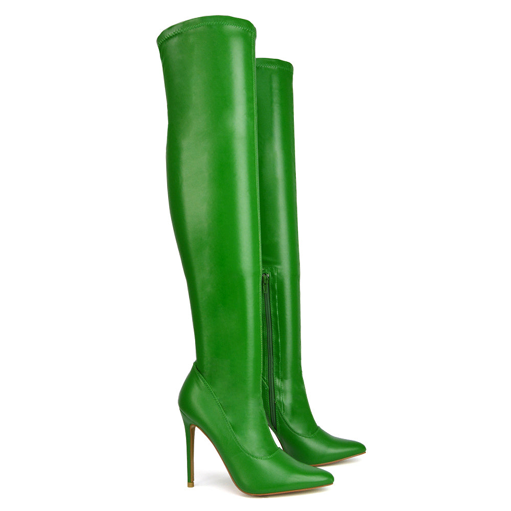 PIPER OVER THE KNEE ZIP UP THIGH HIGH STILETTO HEELED BOOTS IN GREEN SYNTHETIC LEATHER