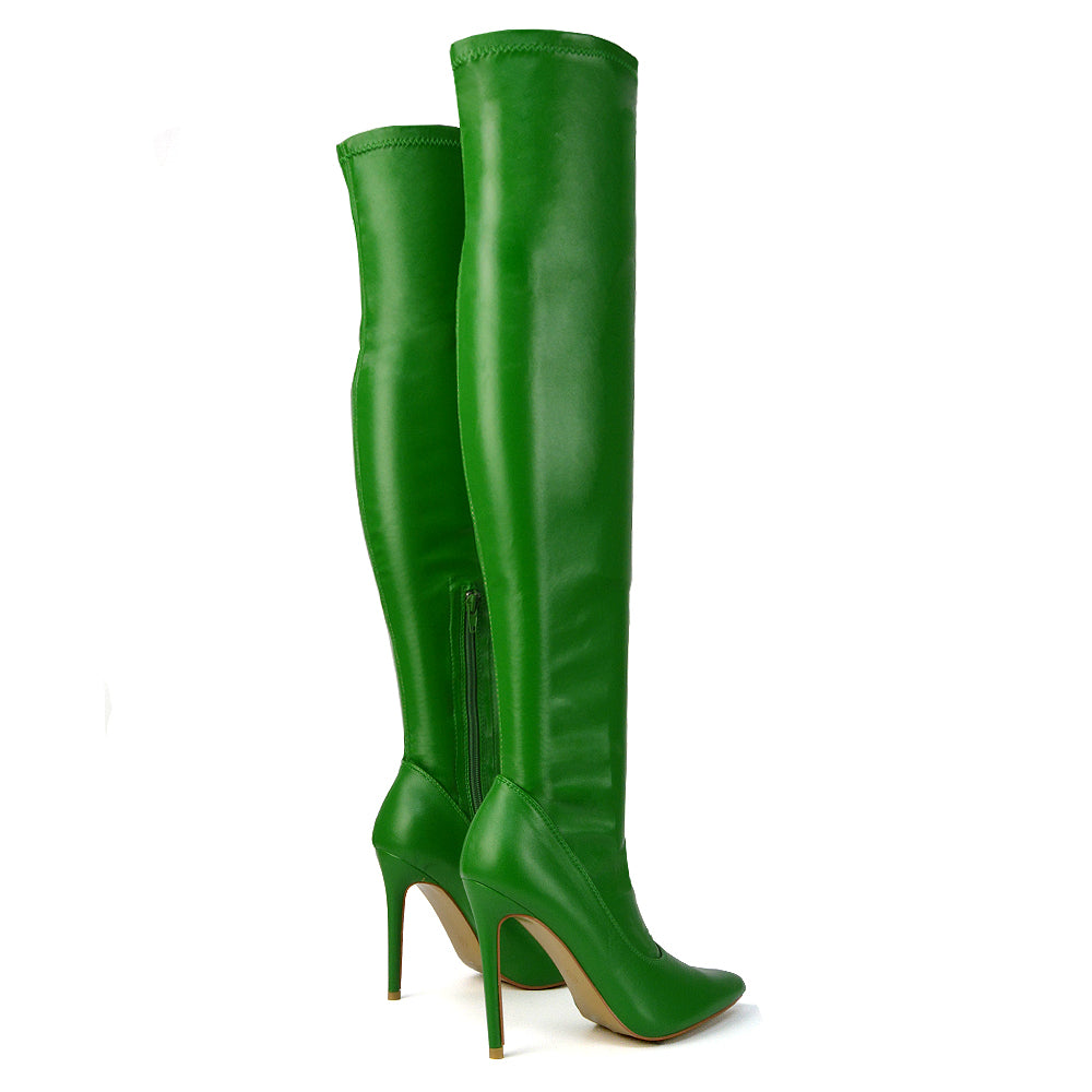 PIPER OVER THE KNEE ZIP UP THIGH HIGH STILETTO HEELED BOOTS IN GREEN SYNTHETIC LEATHER