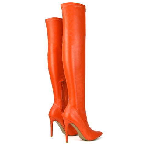 PIPER OVER THE KNEE ZIP UP THIGH HIGH STILETTO HEELED BOOTS IN ORANGE SYNTHETIC LEATHER