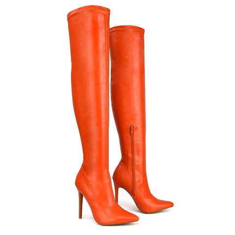 orange boots, orange heeled boots, orange long boots