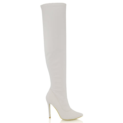 PIPER OVER THE KNEE ZIP UP THIGH HIGH STILETTO HEELED BOOTS IN WHITE SYNTHETIC LEATHER