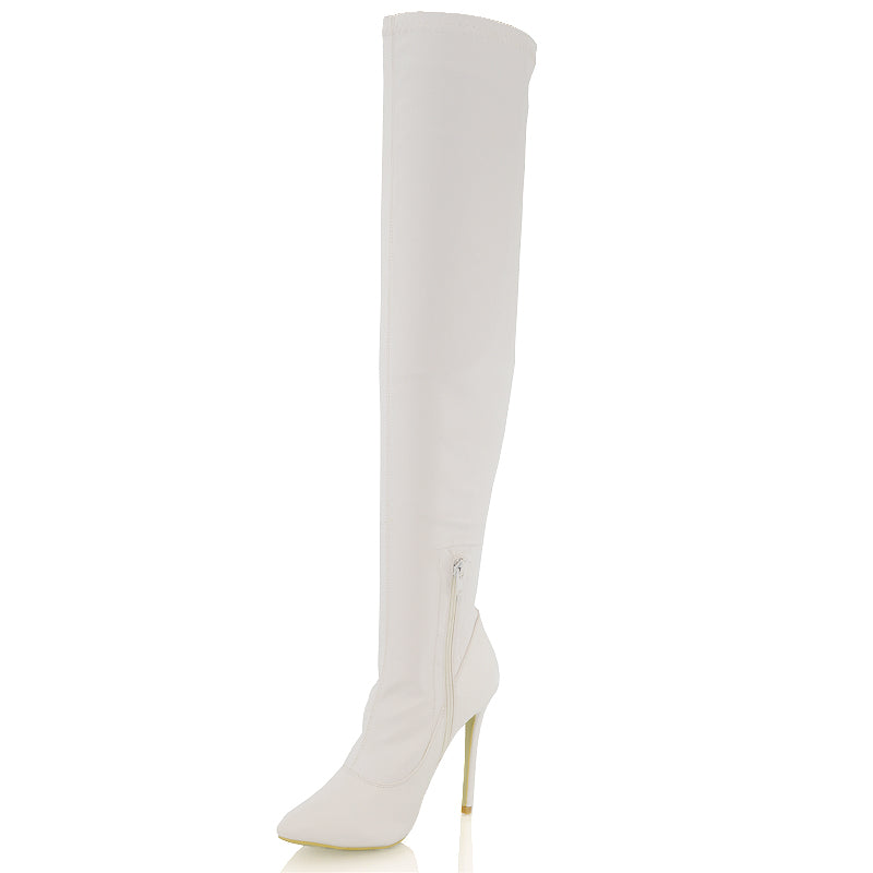 PIPER OVER THE KNEE ZIP UP THIGH HIGH STILETTO HEELED BOOTS IN WHITE SYNTHETIC LEATHER