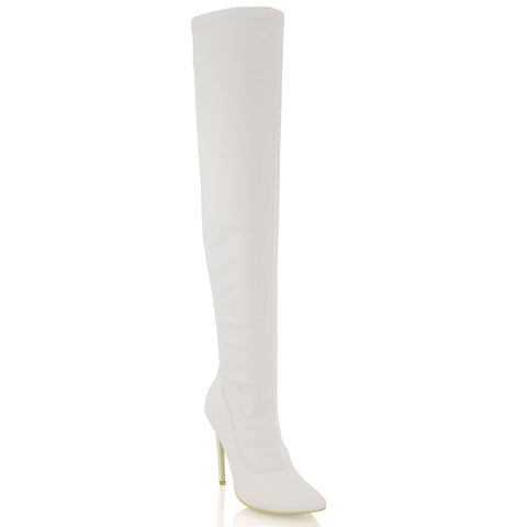 PIPER OVER THE KNEE ZIP UP THIGH HIGH STILETTO HEELED BOOTS IN WHITE SYNTHETIC LEATHER