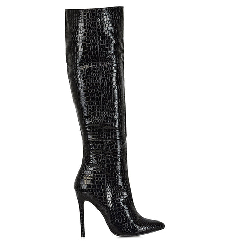 Nora Pointed Toe Zip Fastening Knee High Stiletto Heel Long Boots in Black Faux Suede