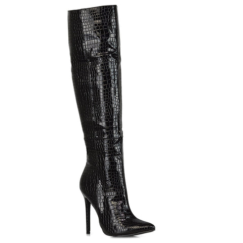 Nora Pointed Toe Zip Fastening Knee High Stiletto Heel Long Boots in Black Faux Suede