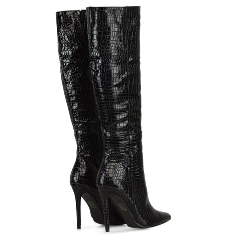 Nora Pointed Toe Zip Fastening Knee High Stiletto Heel Long Boots in Black Faux Suede