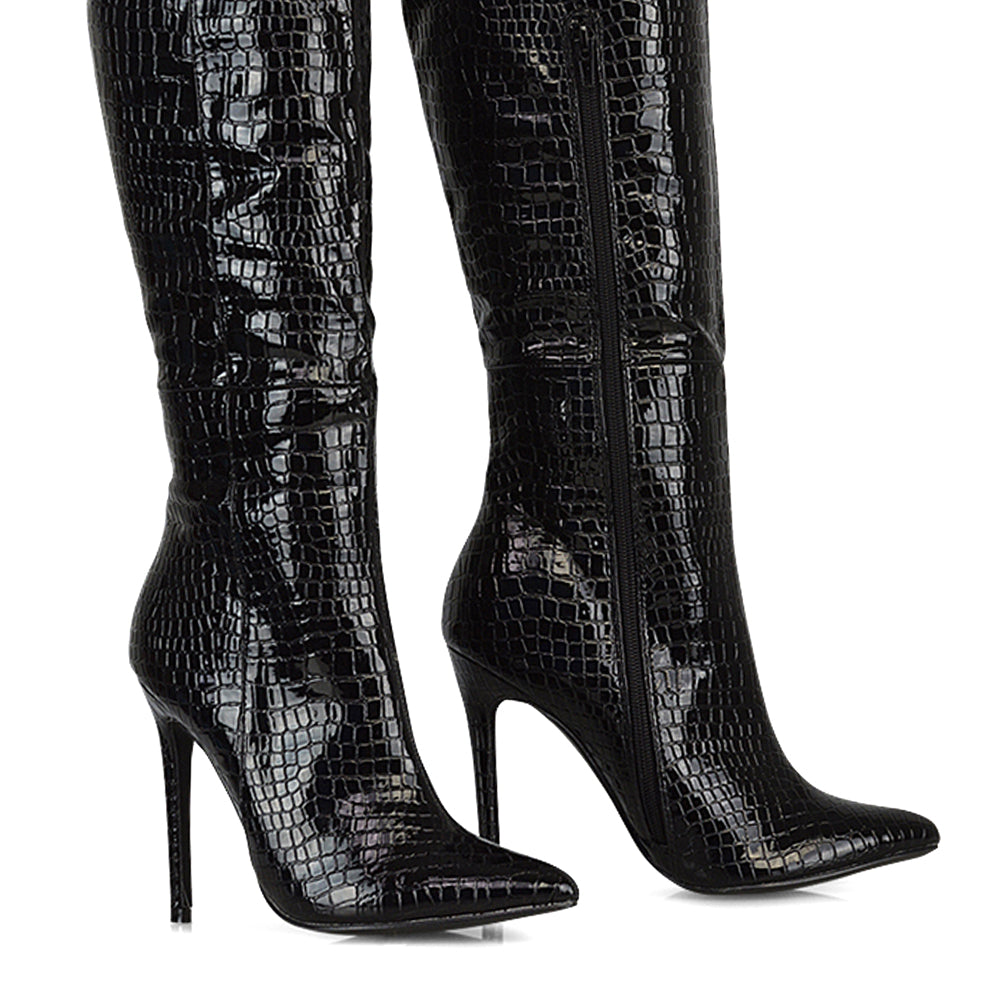 Nora Pointed Toe Zip Fastening Knee High Stiletto Heel Long Boots in Black Faux Suede