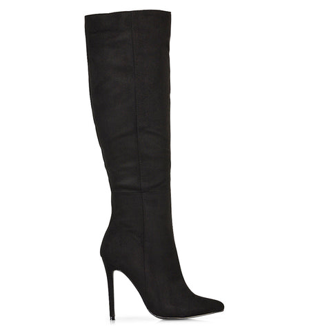 Nora Pointed Toe Zip Fastening Knee High Stiletto Heel Long Boots in Black Faux Suede