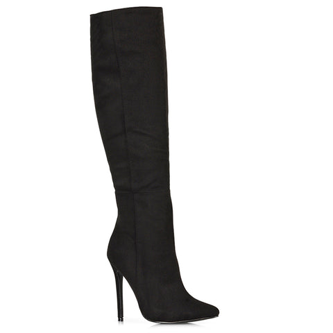 Nora Pointed Toe Zip Fastening Knee High Stiletto Heel Long Boots in Black Faux Suede