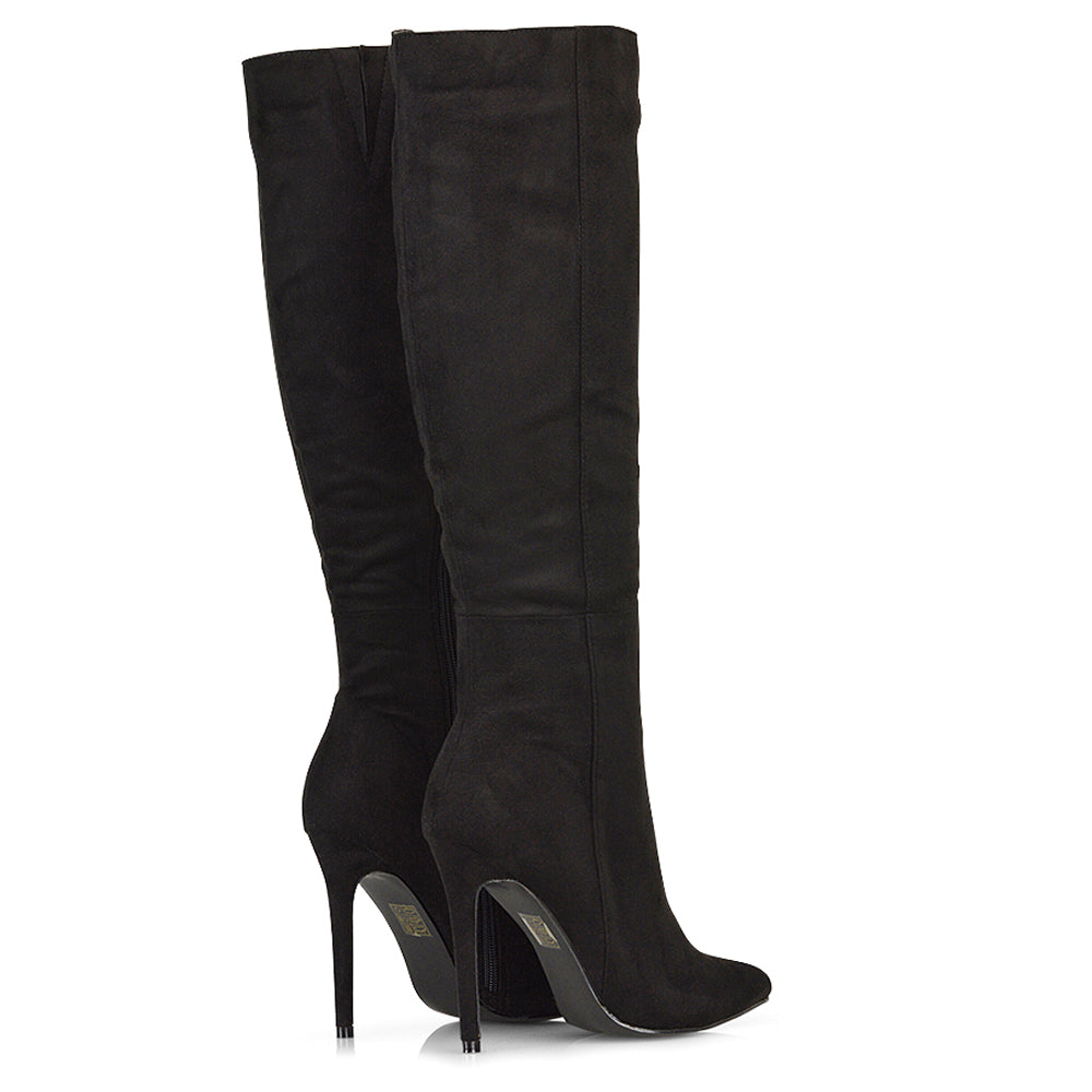 Nora Pointed Toe Zip Fastening Knee High Stiletto Heel Long Boots in Black Faux Suede