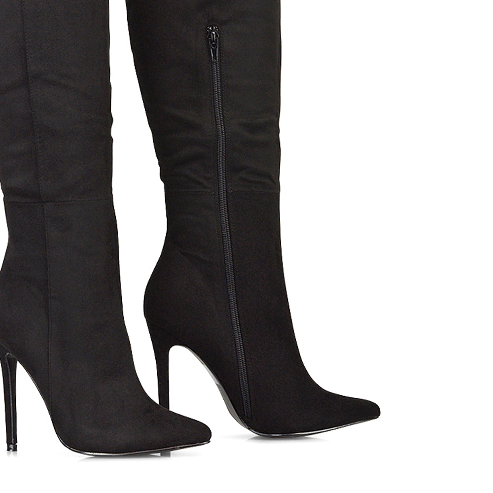 Nora Pointed Toe Zip Fastening Knee High Stiletto Heel Long Boots in Black Faux Suede