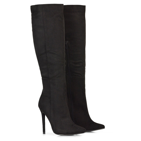 Nora Pointed Toe Zip Fastening Knee High Stiletto Heel Long Boots in Black Faux Suede