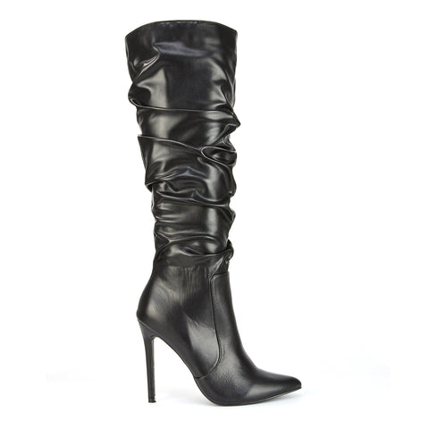 Milani Statement Ruched Pointed Toe Stiletto High Heel Knee High Boots in Black Faux Suede