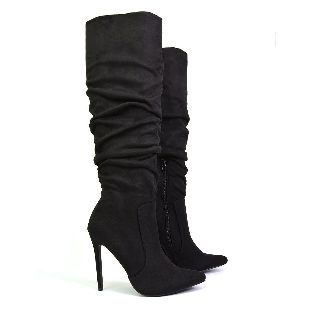 black high heel knee high boots