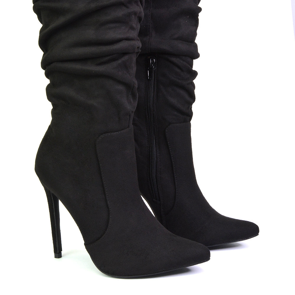 Milani Statement Ruched Pointed Toe Stiletto High Heel Knee High Boots in Black Faux Suede