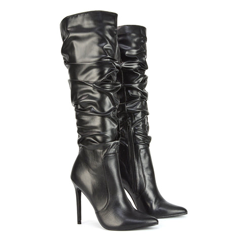 Milani Statement Ruched Pointed Toe Stiletto High Heel Knee High Boots in Silver Metallic