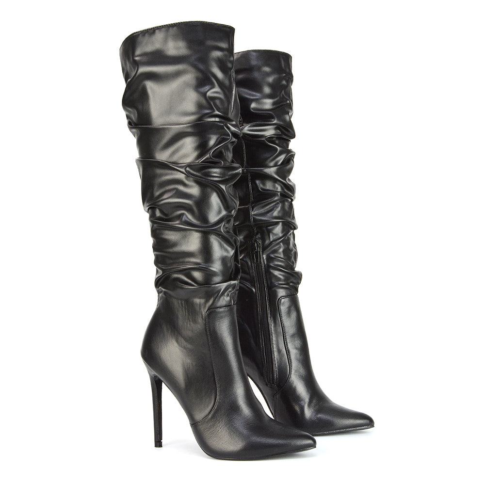 Milani Statement Ruched Pointed Toe Stiletto High Heel Knee High Boots in Black Faux Suede