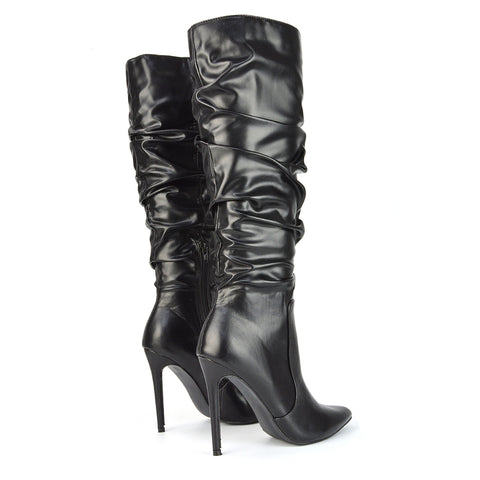 Milani Statement Ruched Pointed Toe Stiletto High Heel Knee High Boots in Black Faux Suede
