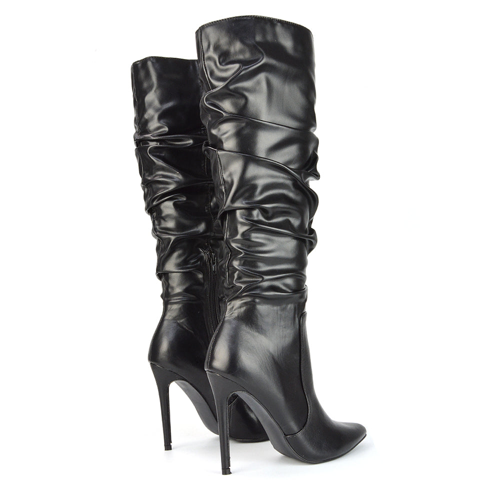 Milani Statement Ruched Pointed Toe Stiletto High Heel Knee High Boots in Silver Metallic