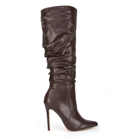 Milani Statement Ruched Pointed Toe Stiletto High Heel Knee High Boots in Black Faux Suede