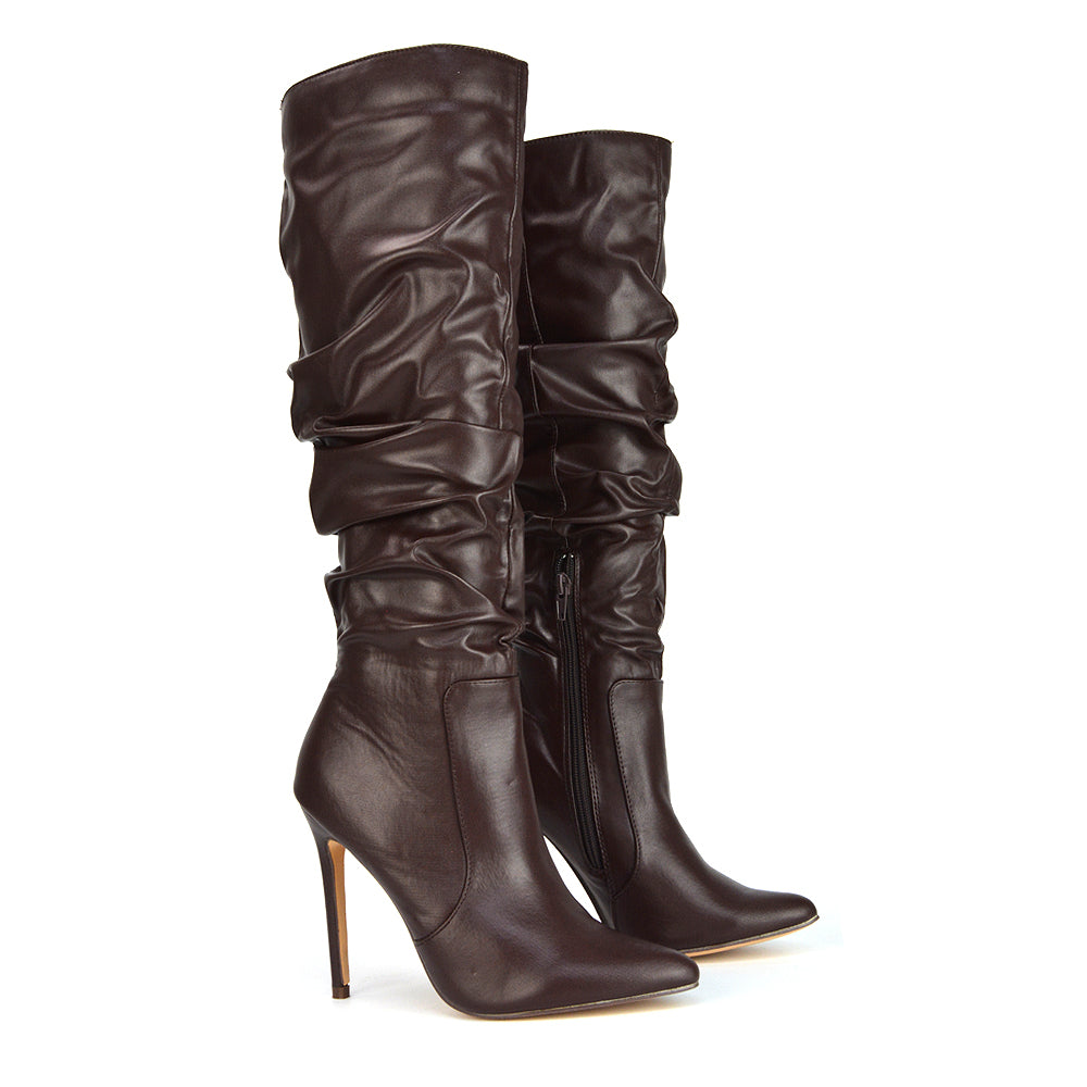 Milani Statement Ruched Pointed Toe Stiletto High Heel Knee High Boots in Black Faux Suede