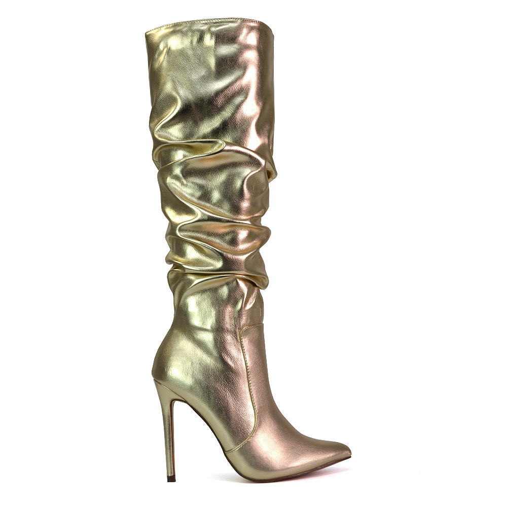Milani Statement Ruched Pointed Toe Stiletto High Heel Knee High Boots in Gold Metallic