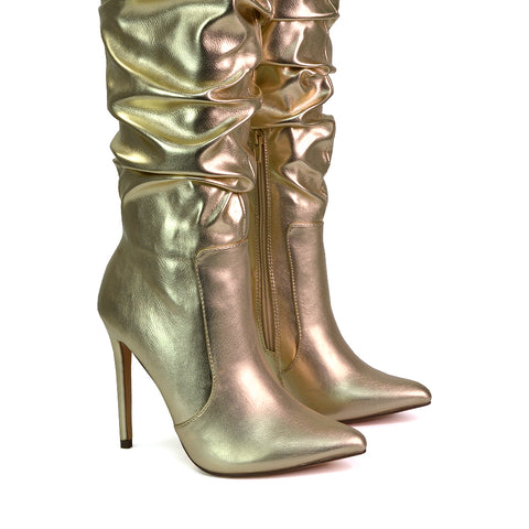 Milani Statement Ruched Pointed Toe Stiletto High Heel Knee High Boots in Gold Metallic