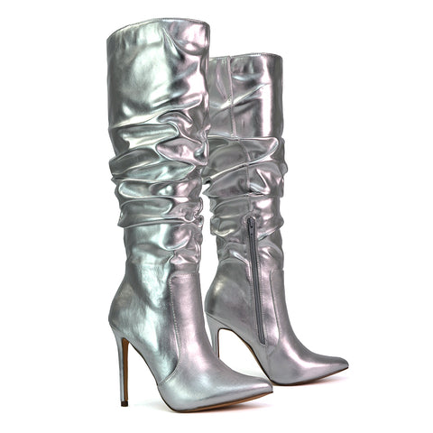 Milani Statement Ruched Pointed Toe Stiletto High Heel Knee High Boots in Silver Metallic