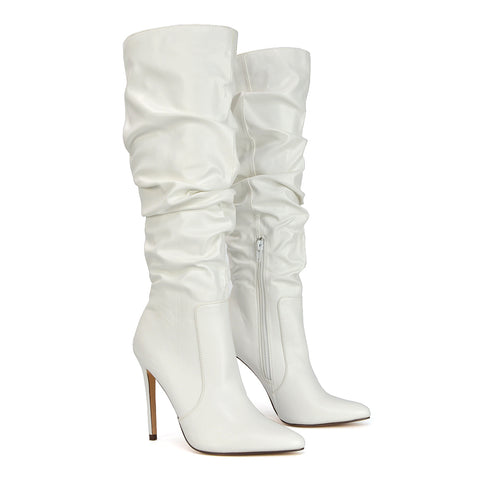 Milani Statement Ruched Pointed Toe Stiletto High Heel Knee High Boots in Gold Metallic