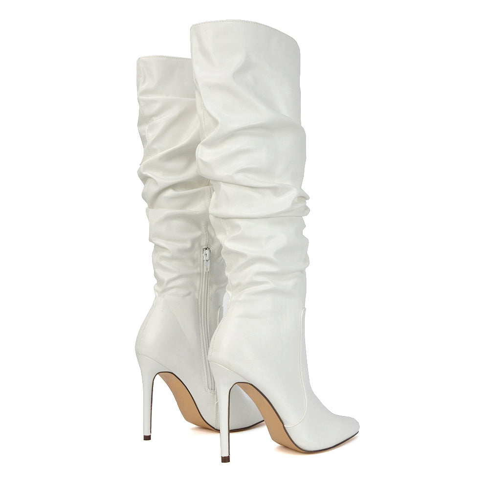 Milani Statement Ruched Pointed Toe Stiletto High Heel Knee High Boots in Gold Metallic