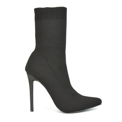 Rue Pointed Toe Knitted Stiletto High Heeled Sock Fit Ankle Boots in Black