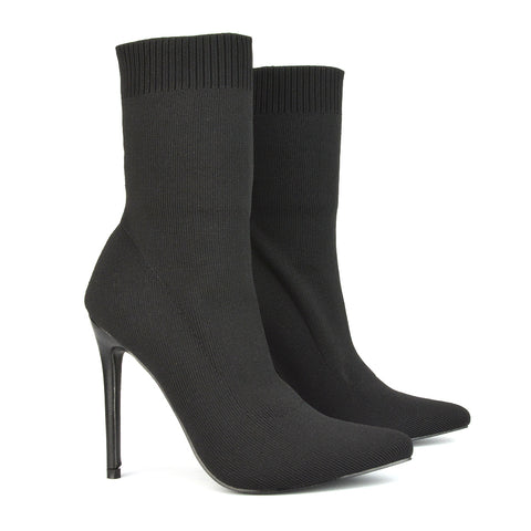 Rue Pointed Toe Knitted Stiletto High Heeled Sock Fit Ankle Boots in Black