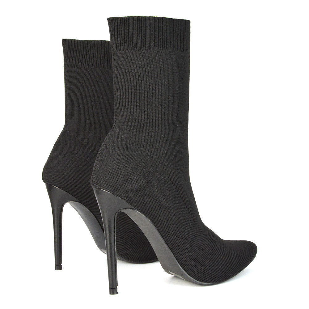 Rue Pointed Toe Knitted Stiletto High Heeled Sock Fit Ankle Boots in Black