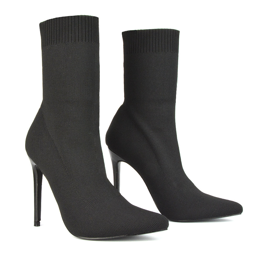 Rue Pointed Toe Knitted Stiletto High Heeled Sock Fit Ankle Boots in Black