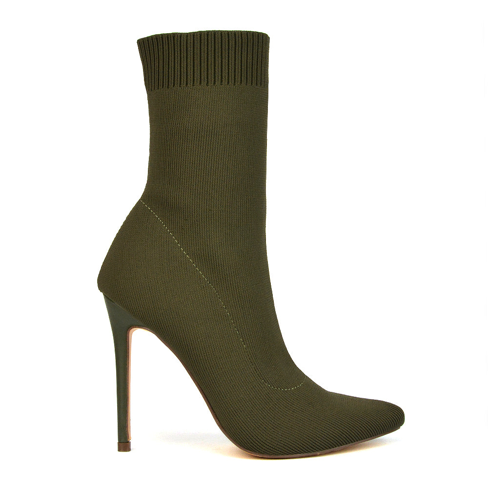 Rue Pointed Toe Knitted Stiletto High Heeled Sock Fit Ankle Boots in Khaki